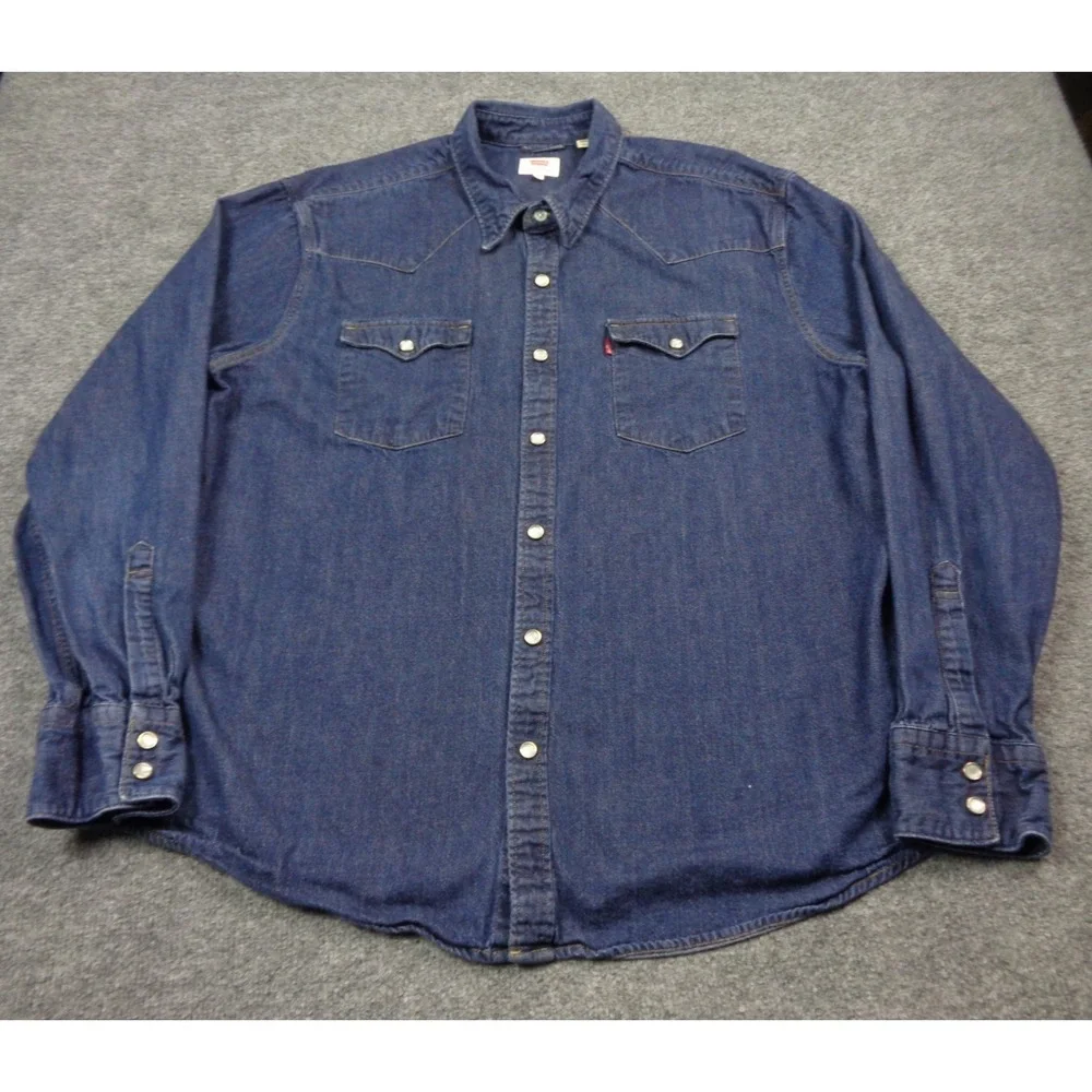 Levi's Denim Shirt Mens Blue Size 2XL XXL Standard Pearl Snap Button Long Sleeve